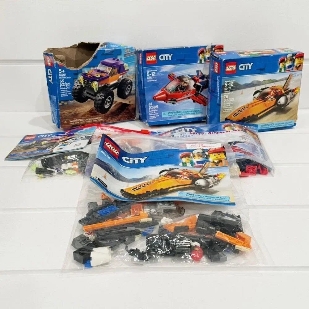 Lego City 3 Complete Sets Airshow Jet 60177 Speed Record Car 60178 Monster Truck